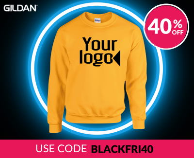 A yellow sweatshirt with the placeholder text 'your logo.' The background has a neon circle design, with the Beechfield brand logo and a circular badge displaying '40% off.' A pink banner at the bottom says 'Use code BLACKFRI40'.